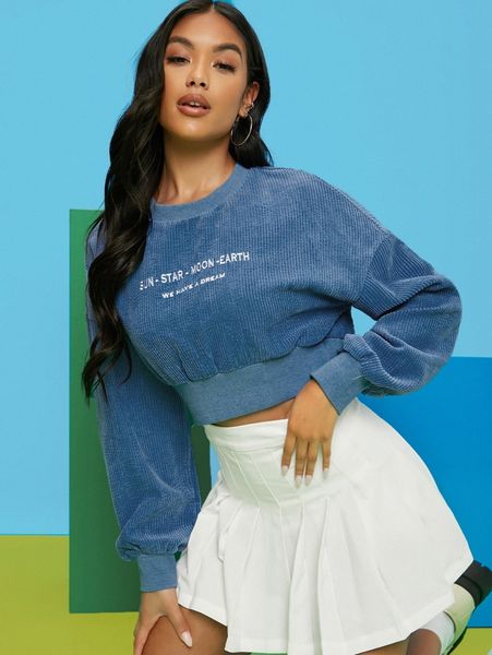 drop shoulder letter embroidery crop sweatshirt c9es#, White;black 
drop shoulder letter embroidery crop sweatshirt c9es#, White;black