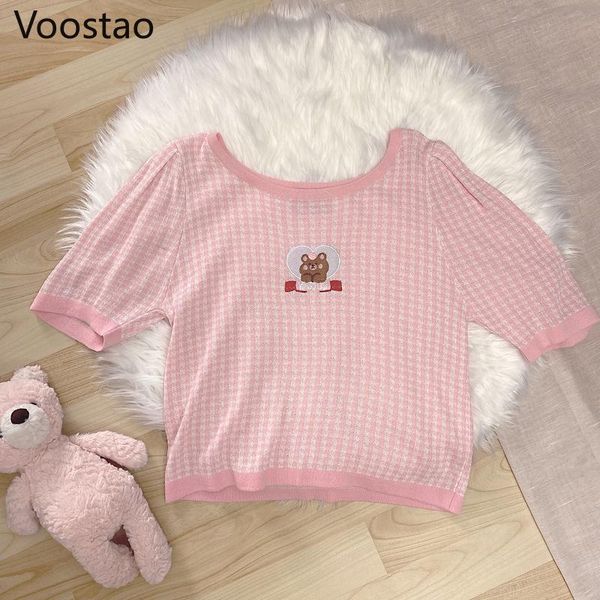 women's t-shirt summer japanese sweet lolita style t-shirts kawaii plaid bear embroidery o-neck short sleeve tees girly cute thin knit, White
women's t-shirt summer japanese sweet lolita style t-shirts kawaii plaid bear embroidery o-neck short sleeve tees girly cute thin knit, White