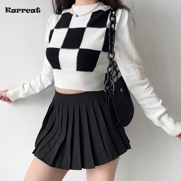 women's sweaters karrcat vintage paild cropped women patchwork crop autumn korean fashion knitted pullovers streetwear jumper, White;black
women's sweaters karrcat vintage paild cropped women patchwork crop autumn korean fashion knitted pullovers streetwear jumper, White;black