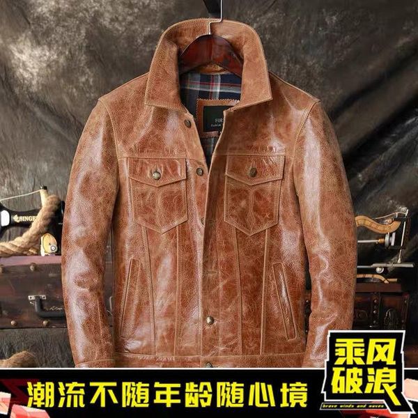 men's leather & faux oil wax layer cowhide jacket cowboy short youth trend lapel, Black
men's leather & faux oil wax layer cowhide jacket cowboy short youth trend lapel, Black