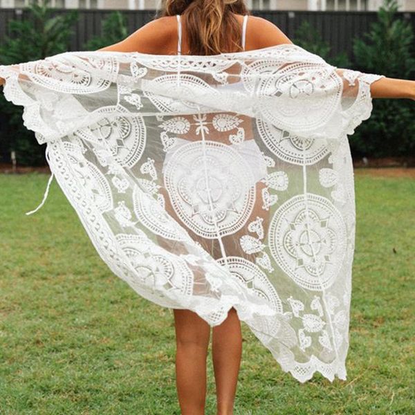 women's bikini cover up s white cardigan loose long sleeve lace embroidery print smock for vacation travelling party swimwear, White;black
women's bikini cover up s white cardigan loose long sleeve lace embroidery print smock for vacation travelling party swimwear, White;black