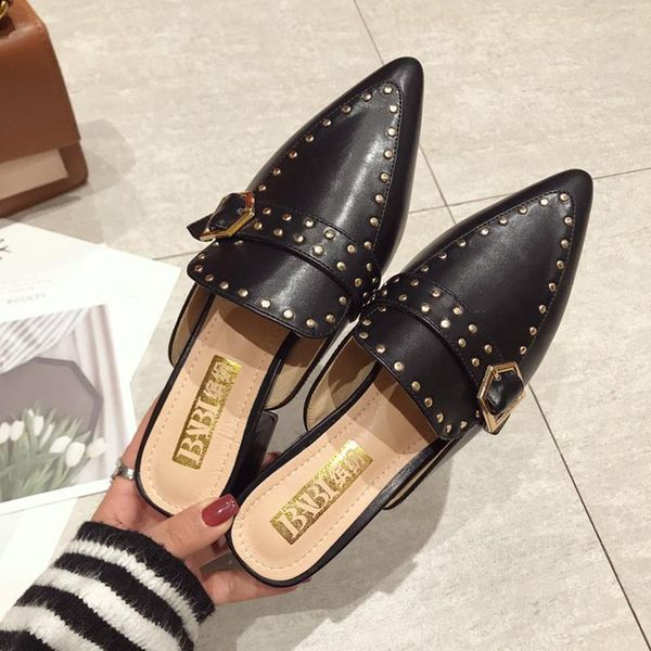 slippers rivets pu leather pointed toe mules wome slip on women beach flipflops studs metal belt buckle low heels slides ladies, Black
slippers rivets pu leather pointed toe mules wome slip on women beach flipflops studs metal belt buckle low heels slides ladies, Black