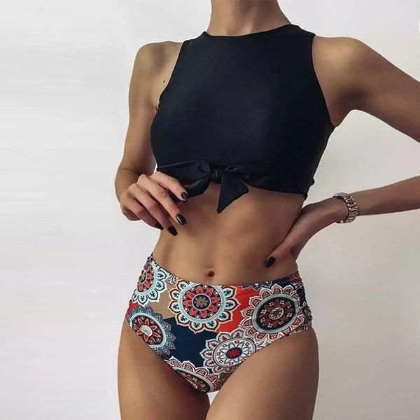 women's swimwear 2021 high neck bow waist print bikini swimsuit fashion 2 piece sets wire free, White;black
women's swimwear 2021 high neck bow waist print bikini swimsuit fashion 2 piece sets wire free, White;black
