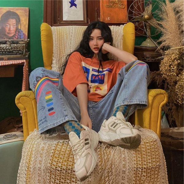 Summer Vintage Jeans Long Trousers Womens Pant Cowboy Printing Wash Loose Casual Streetwear Rainbow Print Pants, Black;white
Summer Vintage Jeans Long Trousers Womens Pant Cowboy Printing Wash Loose Casual Streetwear Rainbow Print Pants, Black;white