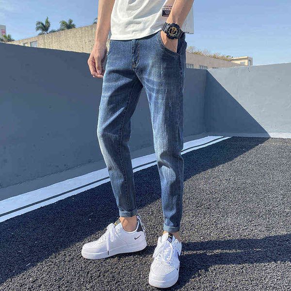 men's jeans 2021 spring and summer perforated jeans casual small feet slim fit korean 9-point men's pants, Blue
men's jeans 2021 spring and summer perforated jeans casual small feet slim fit korean 9-point men's pants, Blue