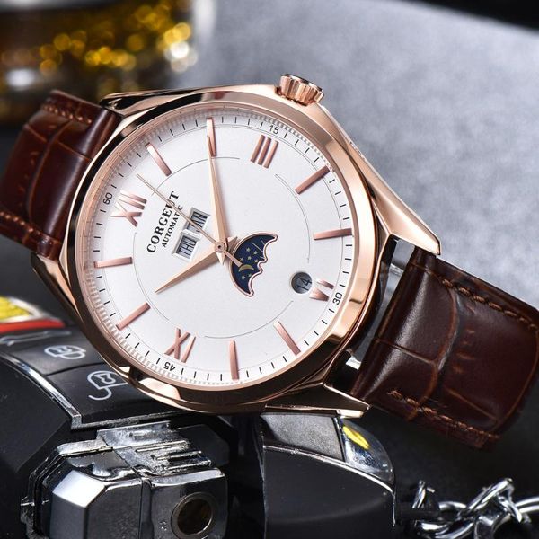 wristwatches corgeut 41mm automatic movement men watch moon phase date month waterproof leather strap wristwatch, Slivery;brown
wristwatches corgeut 41mm automatic movement men watch moon phase date month waterproof leather strap wristwatch, Slivery;brown