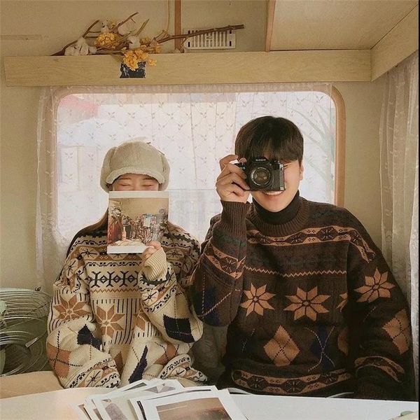 women's sweaters women pullover loose round neck knitting sweater vintage jacquard pattern couple oversized streetwear, White;black
women's sweaters women pullover loose round neck knitting sweater vintage jacquard pattern couple oversized streetwear, White;black