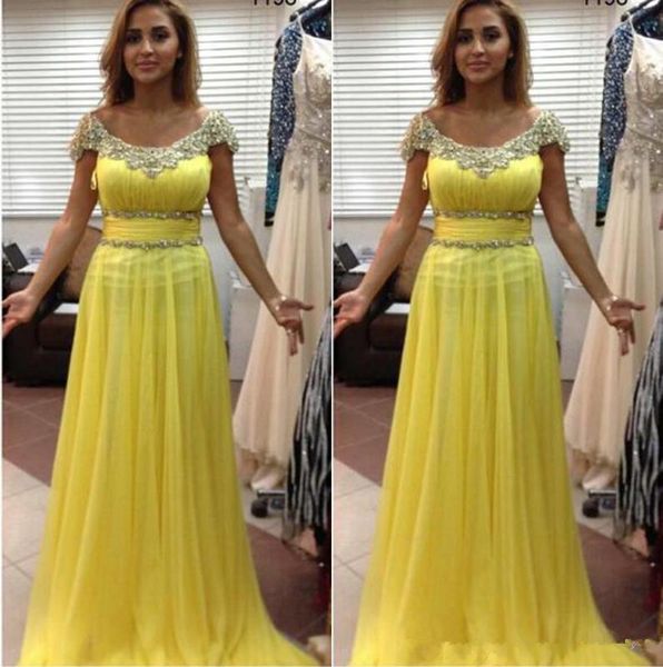light yellow chiffon evening dresses scoop capped sleeves beaded lace applique evening party gowns vestaglia donna long a line prom dresses, Black;red
light yellow chiffon evening dresses scoop capped sleeves beaded lace applique evening party gowns vestaglia donna long a line prom dresses, Black;red