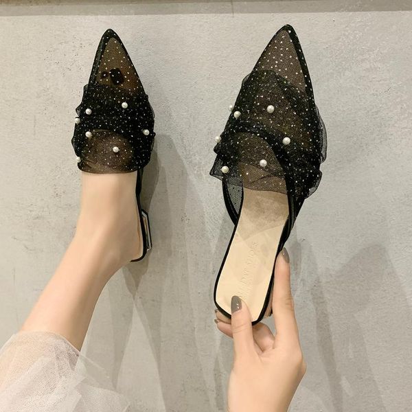 slippers breathable lace mules women low heel shiny pointed toe summer metal party sandals 2021, Black
slippers breathable lace mules women low heel shiny pointed toe summer metal party sandals 2021, Black