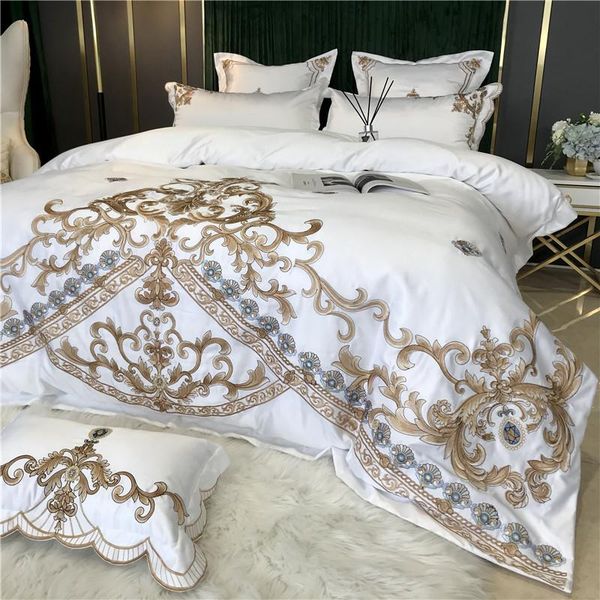 bedding sets luxury gold embroidery 60s satin silk cotton set white double duvet cover flat/fitted sheet pillowcases home textile
bedding sets luxury gold embroidery 60s satin silk cotton set white double duvet cover flat/fitted sheet pillowcases home textile