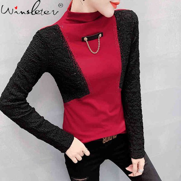 women's t-shirt spring fall european clothes girl fashion turtleneck chain shiny diamonds patchwork lace cotton women tees t0, White
women's t-shirt spring fall european clothes girl fashion turtleneck chain shiny diamonds patchwork lace cotton women tees t0, White