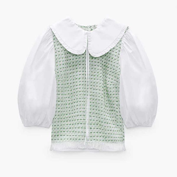 za spliced textured green shirt women puff sleeve frayed hem vintage summer blouse female fashion back opening casual 210602, White
za spliced textured green shirt women puff sleeve frayed hem vintage summer blouse female fashion back opening casual 210602, White