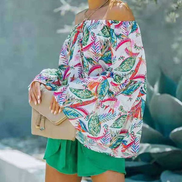 2021 new printed off shoulder flare sleeve strap fall winter versatile top, White
2021 new printed off shoulder flare sleeve strap fall winter versatile top, White