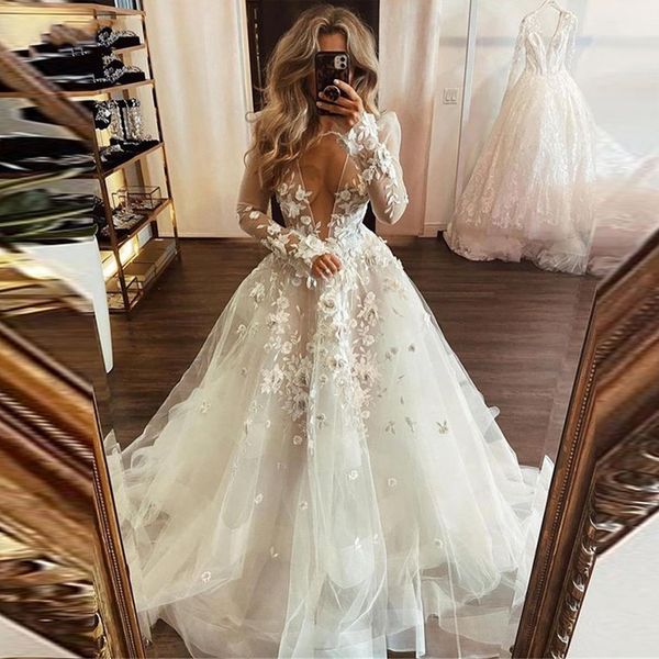 deep v neck long sleeves a line lace wedding dress bridal gowns with 3d flowers sweep train dubai bride dress for women, White
deep v neck long sleeves a line lace wedding dress bridal gowns with 3d flowers sweep train dubai bride dress for women, White