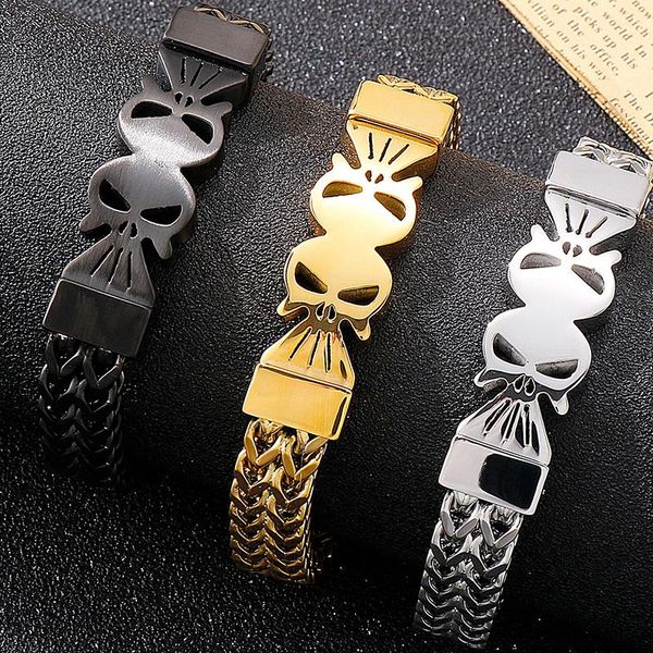 link, chain vacuum gold plating stainless steel double skullies bracelet for men cast metal mannen armband 8.6 inch friends birthday gifts, Black
link, chain vacuum gold plating stainless steel double skullies bracelet for men cast metal mannen armband 8.6 inch friends birthday gifts, Black