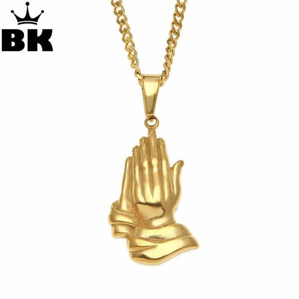 pendant necklaces gold tone stainless steel praying hand buddhist necklace for christian apostle 3mm 24inch cuban chain, Silver