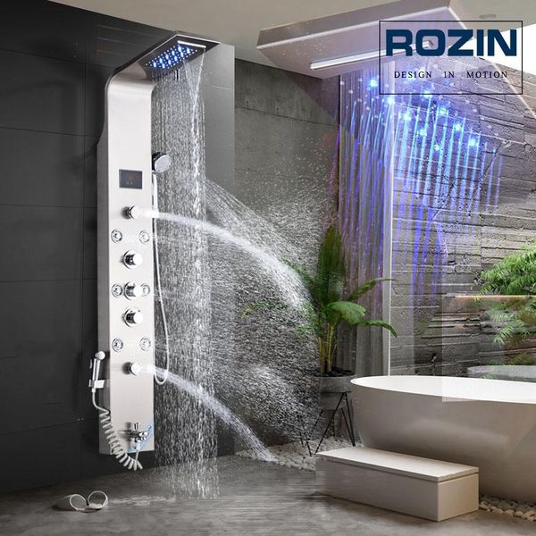 brushed nickel shower panel wall mounted led light rain waterfall head bath set with bidet sprayer massage jets bathroom sets
brushed nickel shower panel wall mounted led light rain waterfall head bath set with bidet sprayer massage jets bathroom sets