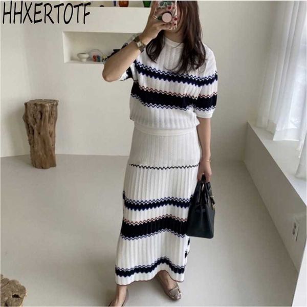 summer korean striped knitted women two piece sets short sleeve knit + high waist long skirt sets 210531, White
summer korean striped knitted women two piece sets short sleeve knit + high waist long skirt sets 210531, White