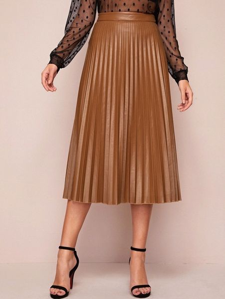 pleated leather look skirt j0cm#, Black