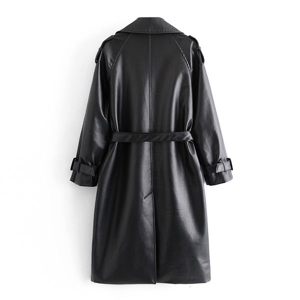 leather with belt faux leather lapel sleeves loose women's windproof jacket coat vintage long casual windbreaker chic female, Black
leather with belt faux leather lapel sleeves loose women's windproof jacket coat vintage long casual windbreaker chic female, Black