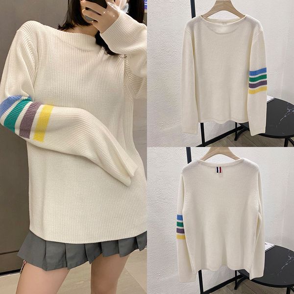 tb four bar rainbow leisure wool long sleeve for men and women lovers casual versatile round neck sweater, White
tb four bar rainbow leisure wool long sleeve for men and women lovers casual versatile round neck sweater, White
