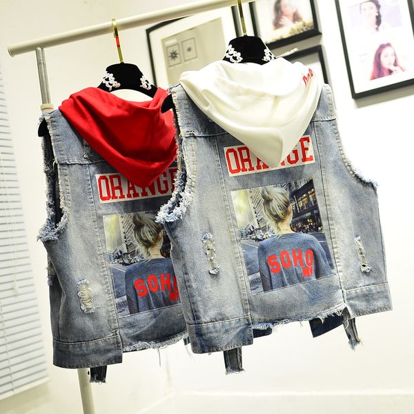 women's sleeveless jeans hoodies character letters printed short jackets holes waistcoat with caps casual jean vests for female, Black
women's sleeveless jeans hoodies character letters printed short jackets holes waistcoat with caps casual jean vests for female, Black