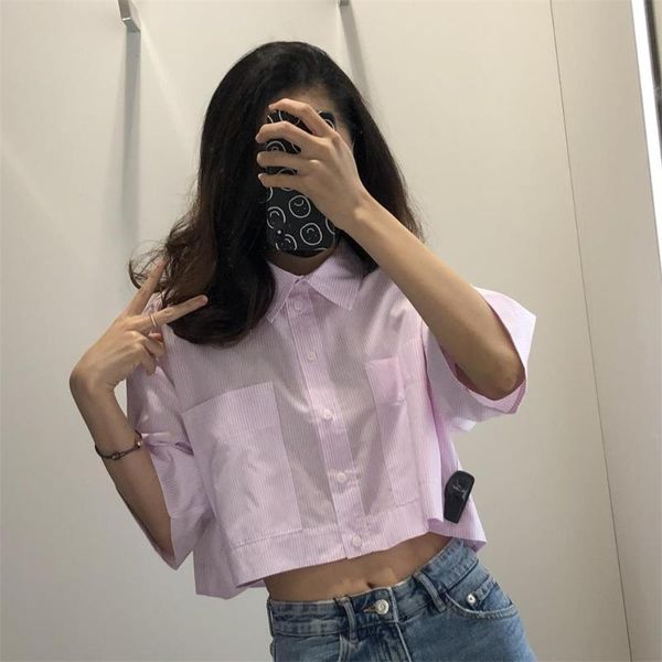 women's blouses & shirts 2021 summer lapel loose thin stripe pocket middle sleeve short high waist striped poplin shirt, White
women's blouses & shirts 2021 summer lapel loose thin stripe pocket middle sleeve short high waist striped poplin shirt, White