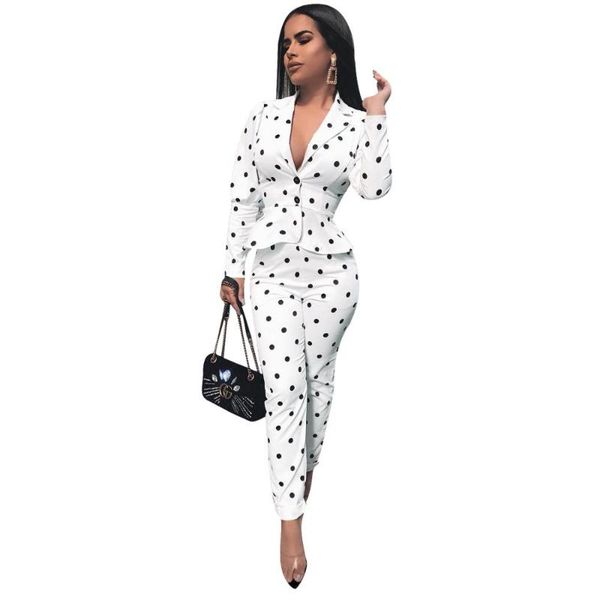 spring fall women's formal two pieces set women polka dot v-neck ruffles hem tight waist blazer coat & pencil pant sets piece pants, White
spring fall women's formal two pieces set women polka dot v-neck ruffles hem tight waist blazer coat & pencil pant sets piece pants, White