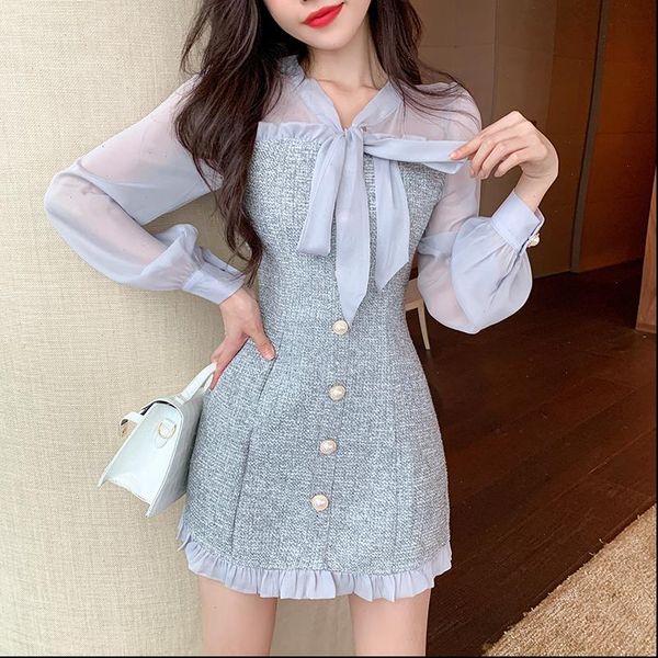 women dress spring vintage see through chiffon patchwork tweed mini ribbon bow single breasted long sleeve party, Black;gray
women dress spring vintage see through chiffon patchwork tweed mini ribbon bow single breasted long sleeve party, Black;gray