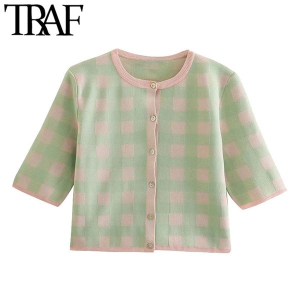 women fashion check cropped knitted cardigan sweater vintage short sleeve button-up female outerwear chic 210507, White
women fashion check cropped knitted cardigan sweater vintage short sleeve button-up female outerwear chic 210507, White