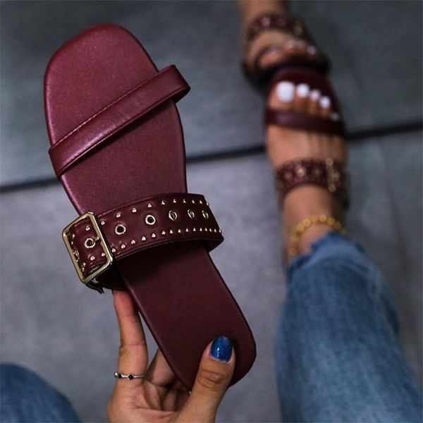 slippers 2021 women rivet summer woman square toe home flat female metal buckle beach shoes plus size 43 ladies outdoor slides, Black