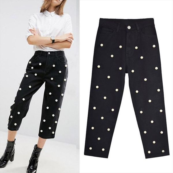 high waist claf length pearl womens jean beading black straight denim pants pantalon femme, Blue
high waist claf length pearl womens jean beading black straight denim pants pantalon femme, Blue