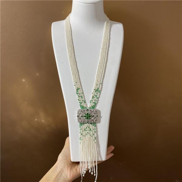 chains 5 rows 3-4 mm rice freshwater cultured pearl green stone micro inlay zircon accessories tassel pendant sweater necklace, Silver
chains 5 rows 3-4 mm rice freshwater cultured pearl green stone micro inlay zircon accessories tassel pendant sweater necklace, Silver