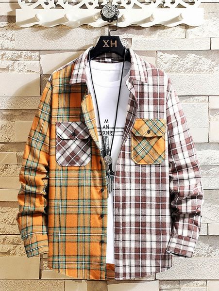 men colorblock tartan flap pocket shirt without tee k0iw#, White;black
men colorblock tartan flap pocket shirt without tee k0iw#, White;black