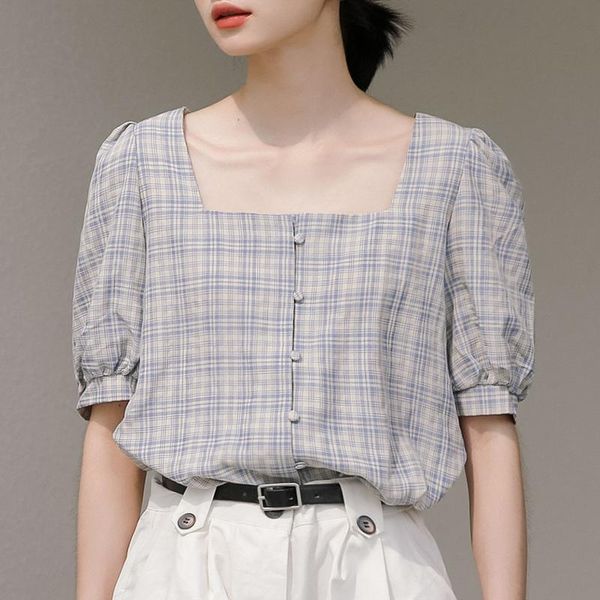 women's blouses & shirts 2021 summer plaid elegant women fashion all-match slim square collar korean chic sweet preppy style female, White
women's blouses & shirts 2021 summer plaid elegant women fashion all-match slim square collar korean chic sweet preppy style female, White
