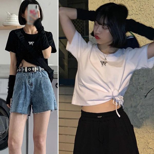 women's t-shirt women 2021 summer drawstring butterfly print lady t-shirts ladies female tee round neck, White
women's t-shirt women 2021 summer drawstring butterfly print lady t-shirts ladies female tee round neck, White