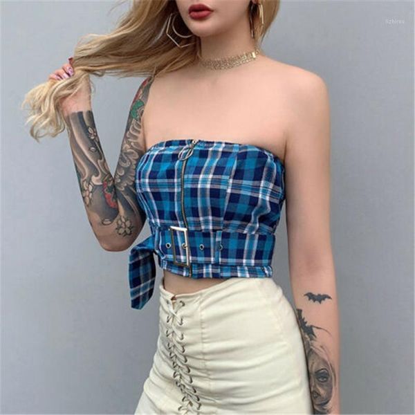 women tube stretchy strapless blue plaid chest wrap crop bra streetwear bodycon rivet zipper with belt bustiers & corsets, Black;white
women tube stretchy strapless blue plaid chest wrap crop bra streetwear bodycon rivet zipper with belt bustiers & corsets, Black;white