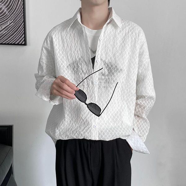 men's casual shirts solid color translucent sunscreen shirt men korean fashion loose streetwear party long-sleeved, White;black
men's casual shirts solid color translucent sunscreen shirt men korean fashion loose streetwear party long-sleeved, White;black