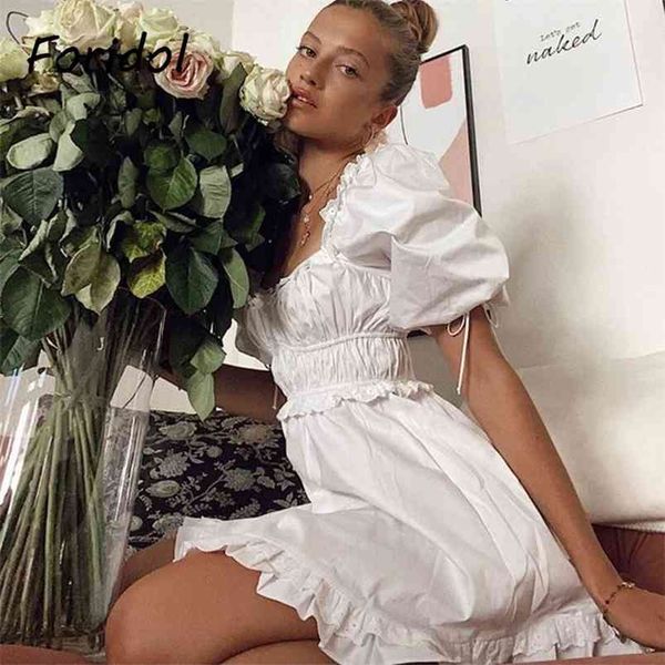 boho puff sleeve party mini white dress ruffle summer square neck elastic bust chic women vestido de mujer 210427, Black;gray