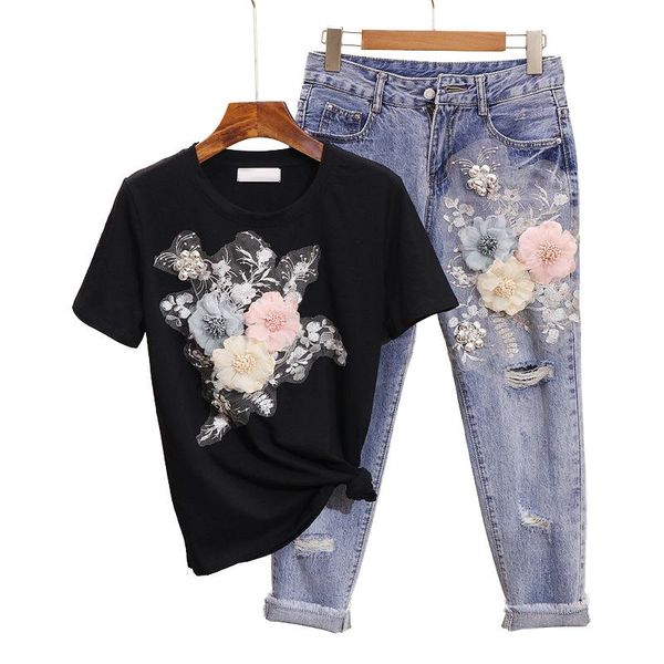 two piece dress casual suits and pants women embroidery 3d flower tshir303d, White
two piece dress casual suits and pants women embroidery 3d flower tshir303d, White