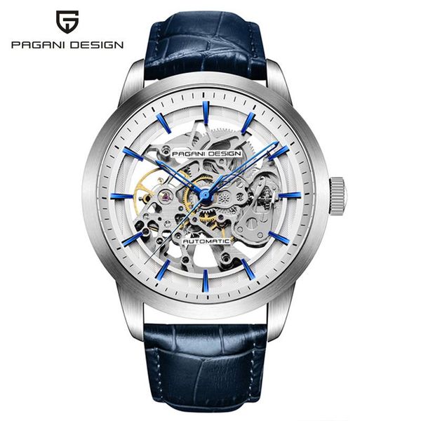 wristwatches pagani design transparent silver case casual black leather strap mens watches mechanical watch, Slivery;brown