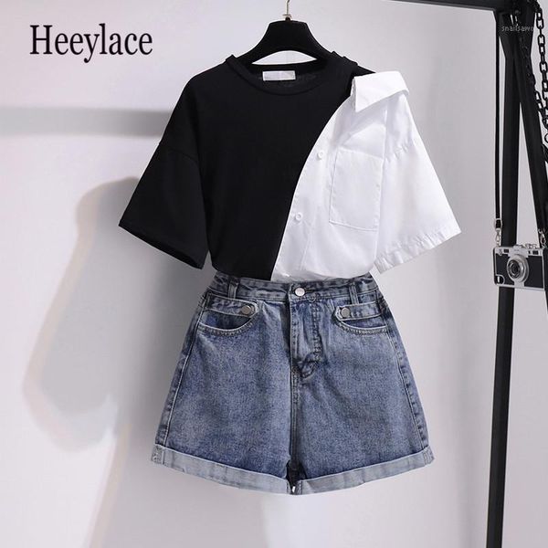 two piece dress 2021 summer korean pieces set women patchwork one shoulder blouse and blue wide leg denim shorts 2 pcs outfits, White
two piece dress 2021 summer korean pieces set women patchwork one shoulder blouse and blue wide leg denim shorts 2 pcs outfits, White