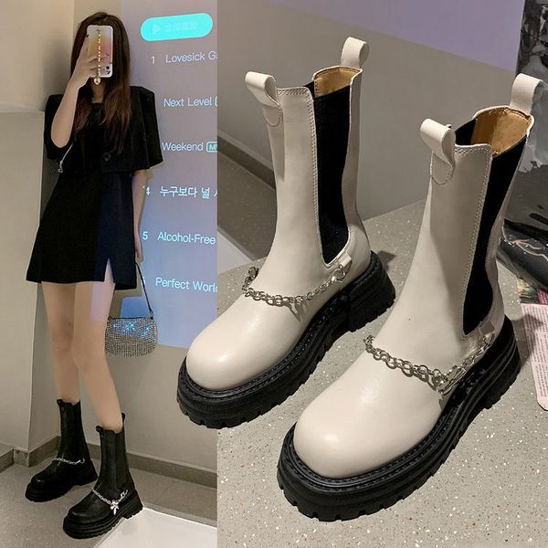 medium women's white round head sleeve chain 2021 autumn winter british and korean thick heel thin martin boot, Black
medium women's white round head sleeve chain 2021 autumn winter british and korean thick heel thin martin boot, Black