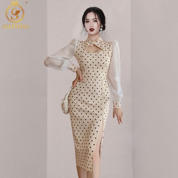 spring korea chic puff sleeve dot patchwork dresses stand collar slim side split vestido da festa 210520, Black;gray
spring korea chic puff sleeve dot patchwork dresses stand collar slim side split vestido da festa 210520, Black;gray