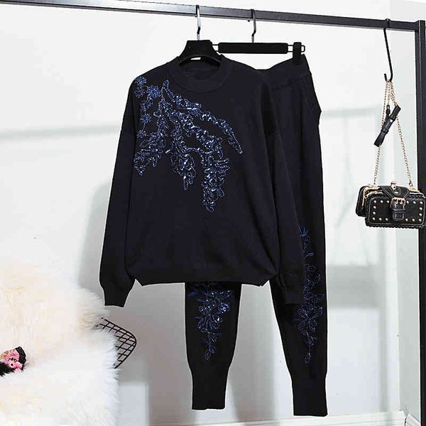 women's two piece pants autumn winter beading embroidery flowers knitted set women long sleeve sweater + pencil ladies outfits g52, White
women's two piece pants autumn winter beading embroidery flowers knitted set women long sleeve sweater + pencil ladies outfits g52, White
