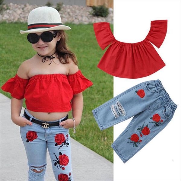 2pcs fashion girls clothing set summer baby clothes red ruffles denim floral hole pant children ailing, White
2pcs fashion girls clothing set summer baby clothes red ruffles denim floral hole pant children ailing, White