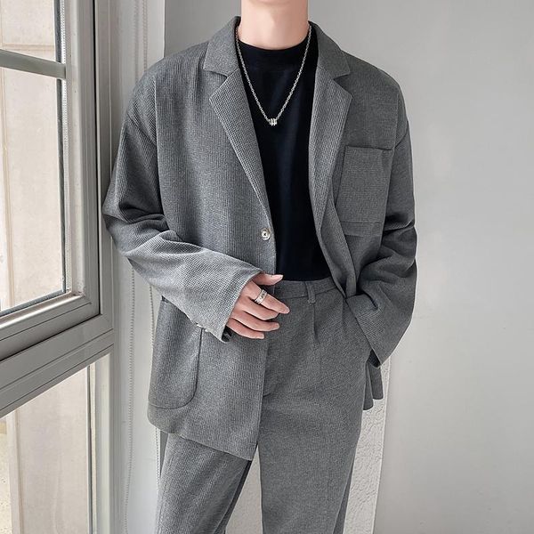 men's suits & blazers men waffle plaid loose casual suit jacket pant korean japanese streetwear vintage fashion dress blazer coat trous, White;black
men's suits & blazers men waffle plaid loose casual suit jacket pant korean japanese streetwear vintage fashion dress blazer coat trous, White;black