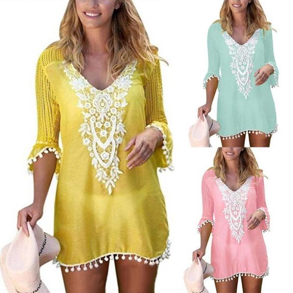 plus size summer women beach wear lace crochet pompom trim bikini cover up dress swimwear for women's blouse, White;black
plus size summer women beach wear lace crochet pompom trim bikini cover up dress swimwear for women's blouse, White;black