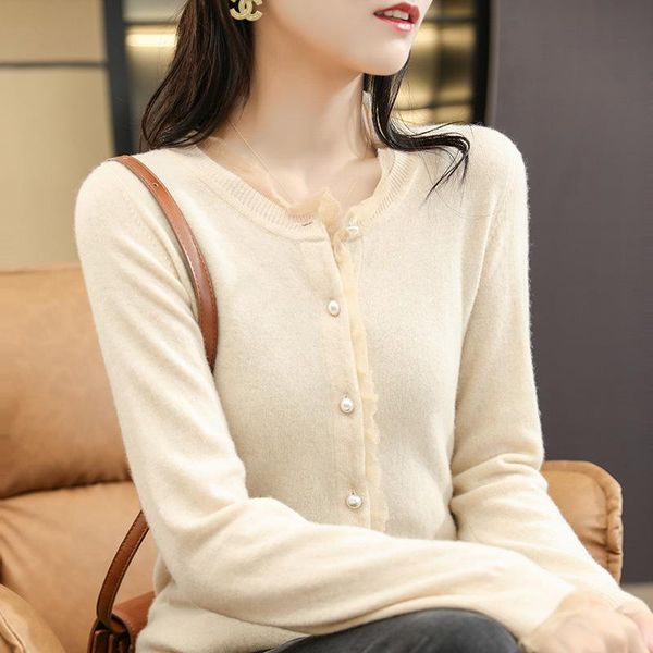 women's knits & tees 2021 pearl button round neck wool cardigan lace sweater slim bottomed knitted coat, White
women's knits & tees 2021 pearl button round neck wool cardigan lace sweater slim bottomed knitted coat, White