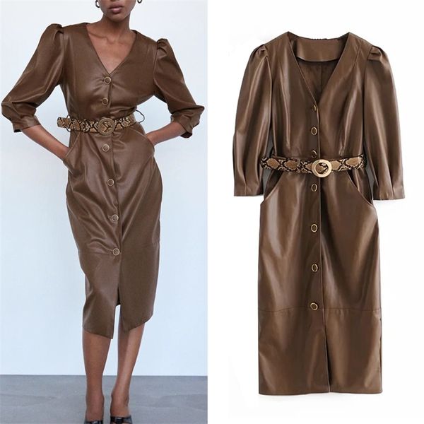 fashion with belted brown faux leather midi dress vintage v-neck button-up puff sleeve woman high street elegant es 210519, Black;gray
fashion with belted brown faux leather midi dress vintage v-neck button-up puff sleeve woman high street elegant es 210519, Black;gray